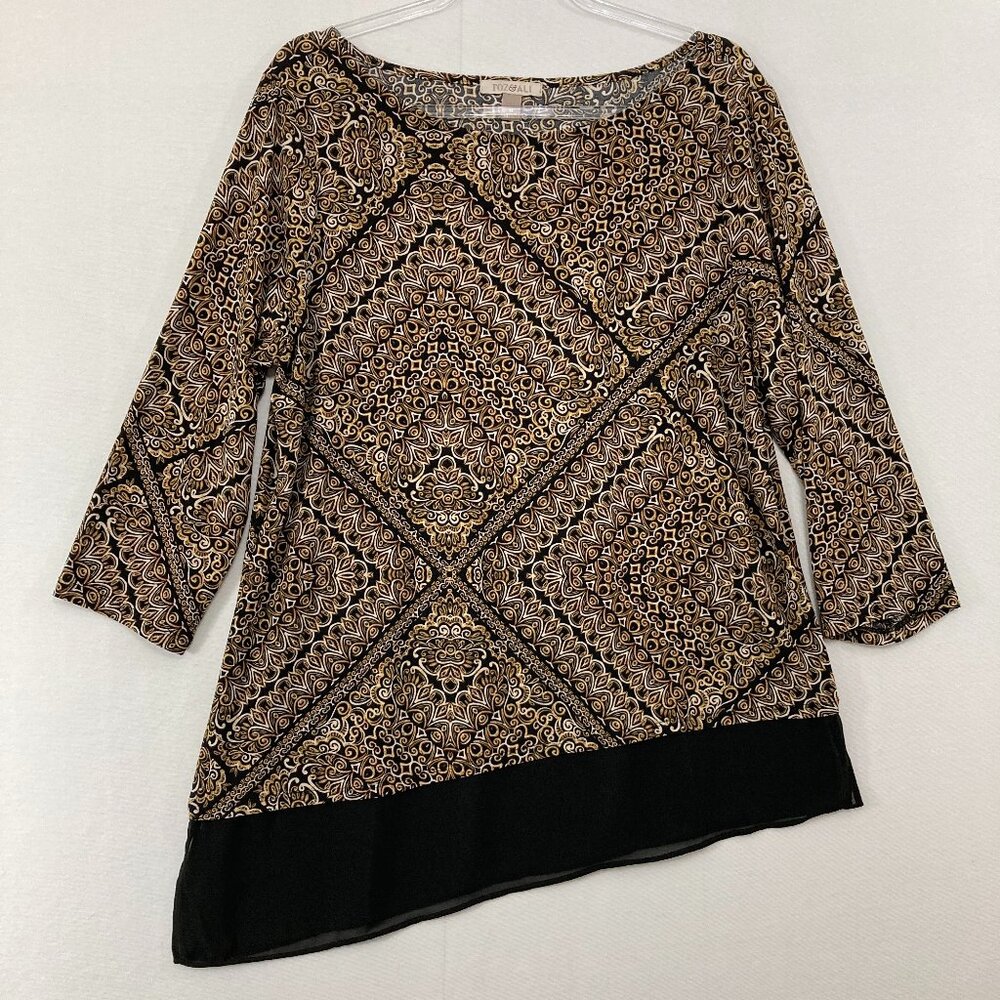 Roz & Ali Top size XL Brown Black Artsy Print Stretch Asymmetric Chiffon Hem